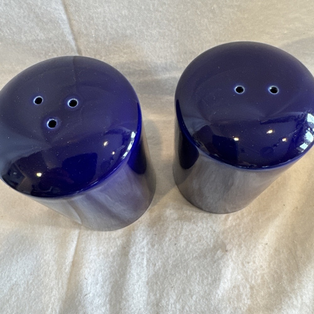 Vtg Cobalt Blue Ceramic Cylinder Salt & Pepper Shakers Mervyns Japan 4" Round